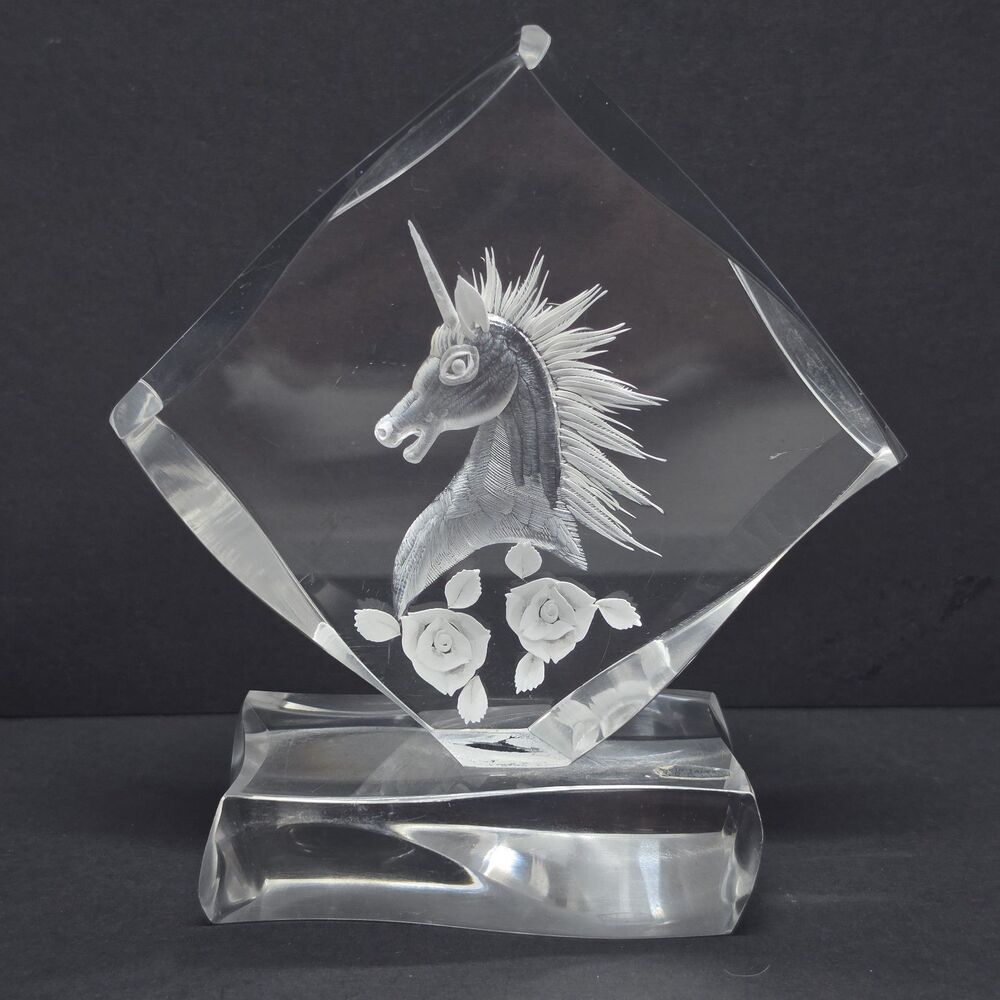 Vintage Lucite Reverse Carved Unicorn With Flowers Paperweight Figurine MCM